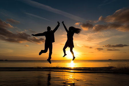 Couple jumping on the beach at sunset, silhouettes of happy couple in love  ,Generative AIの素材