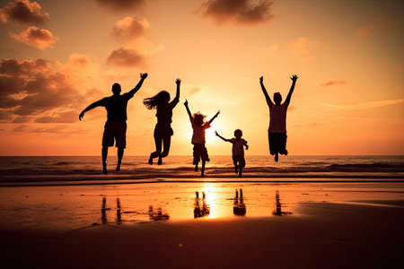 Family  jumping on the beach at sunset.,Generative AIの素材
