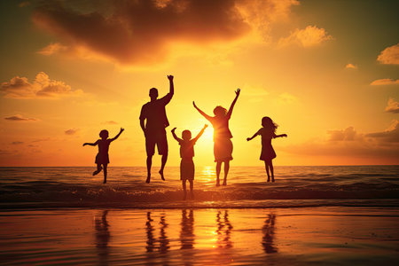 Family  jumping on the beach at sunset.,Generative AIの素材