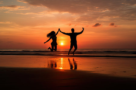 Couple jumping on the beach at sunset, silhouettes of happy couple in love  ,Generative AIの素材