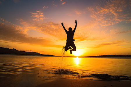 A man jumping on the beach at sunset, silhouettes of happy man on successful ,Generative AIの素材