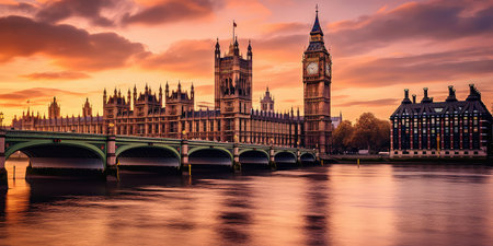Big Ben and the Houses of Parliament at sunset in London, UK  ,Generative AIの素材