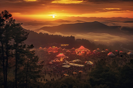 Edm party's on festival up mountain , sunset , Generative AI.の素材