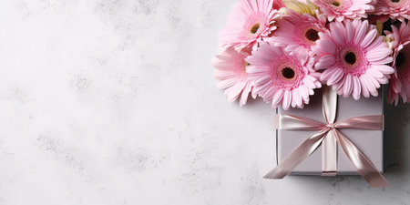 Gift box and beautiful flowers on white background , Generative AI.の素材