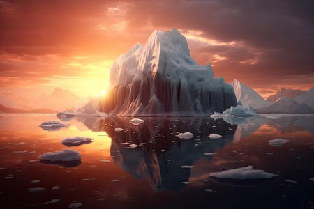 Iceberg - Hidden Danger And Global Warming Concept, sunset , Generative AI.の素材