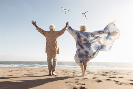 Senior couple with outstretched enjoying the wind and breathing fresh air on the beach , Generative AI.の素材