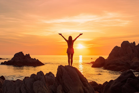 A young woman with outstretched arms enjoying the wind and breathing fresh air on the rocky beach , sunset , Generative AI.の素材