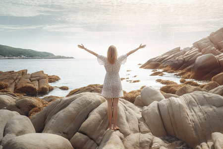 A young woman with outstretched arms enjoying the wind and breathing fresh air on the rocky beach , sunset , Generative AI.の素材
