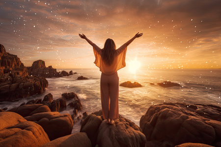 A young woman with outstretched arms enjoying the wind and breathing fresh air on the rocky beach , sunset , Generative AI.の素材