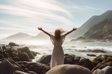 A young woman with outstretched arms enjoying the wind and breathing fresh air on the rocky beach , sunset , Generative AI.の素材