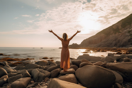 A young woman with outstretched arms enjoying the wind and breathing fresh air on the rocky beach , sunset , Generative AI.の素材