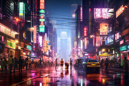 Bright neon signs in Hong Kong ,Generative AI .の素材