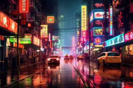 Bright neon signs in Hong Kong ,Generative AI .の素材