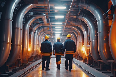 Two Heavy Industry Engineers Walking Through Pipe Manufacturing Facility , Generative AI .の素材