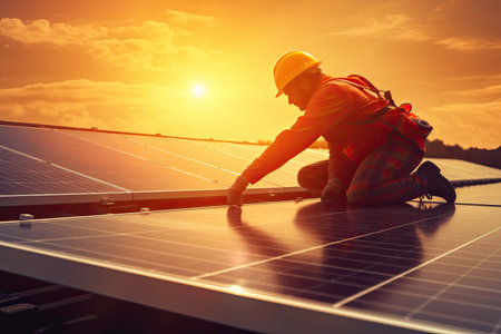 Engineer installing solar panels, on the roof, electrical technician at work, Generative AI .の素材