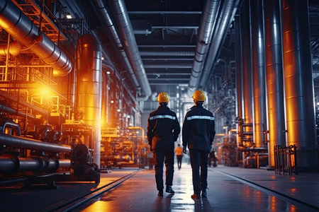 Two Heavy Industry Engineers Walking Through Pipe Manufacturing Facility , Generative AI .の素材