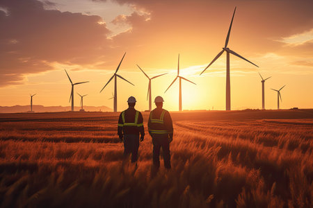 Team technician discussing with engineers over wind turbines ,sunset Generative AI .の素材