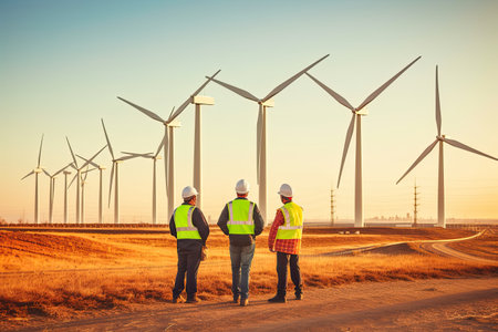Team echnician discussing with engineers over wind turbines , Generative AI .の素材