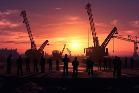 Silhouette of engineer and worker construction team working at site over sunset. Generative AI .の素材