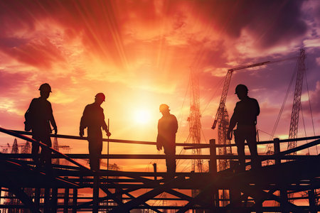 Silhouette of engineer and worker construction team working at site over sunset. Generative AI .の素材