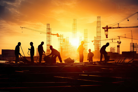 Silhouette of engineer and worker construction team working at site over sunset. Generative AI .の素材