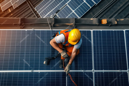 Engineer installing solar panels, on the roof, electrical technician at work, Generative AI .の素材