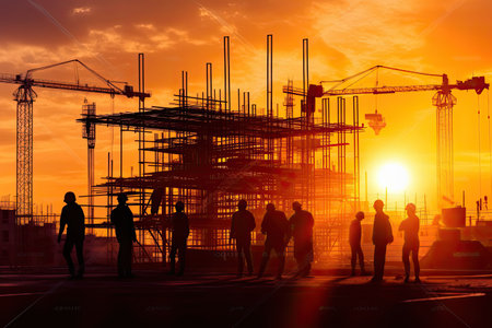 Silhouette of engineer and worker construction team working at site over sunset. Generative AI .の素材