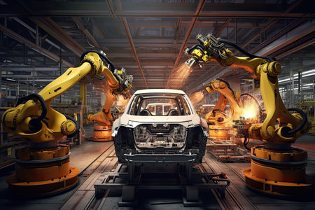 Robotic arms in a car plant at line  factory , Generative AI .の素材
