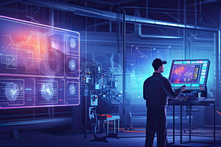 Engineer using tablet with machine real time monitoring system software ,  Generative AI .の素材