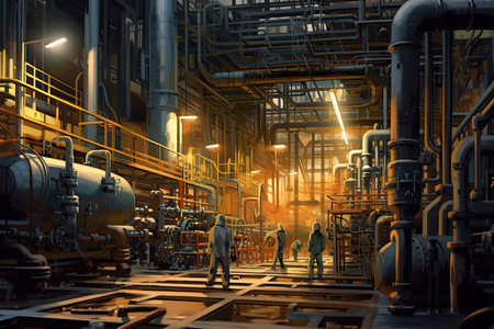 Chemical industry plant - workers in work clothes in a refinery with pipes and machinery ,  Generative AI .の素材