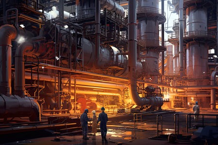 Chemical industry plant - workers in work clothes in a refinery with pipes and machinery ,  Generative AI .の素材