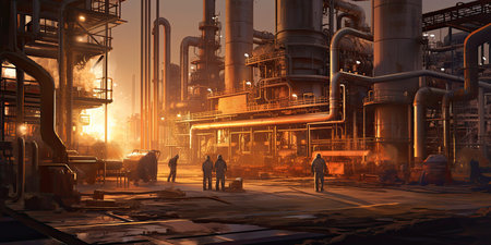 Chemical industry plant - workers in work clothes in a refinery with pipes and machinery ,  Generative AI .の素材