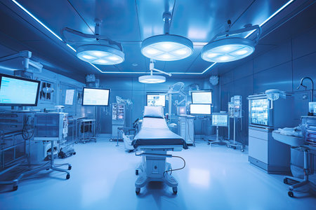 Medical devices in modern operating room take with art lighting and blue filter ,Generative AI.の素材