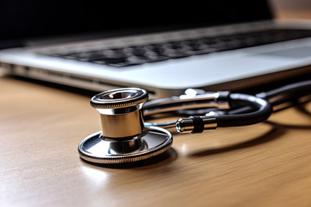 Stethoscope on laptop keyboard , copy space ,Generative AI.の素材