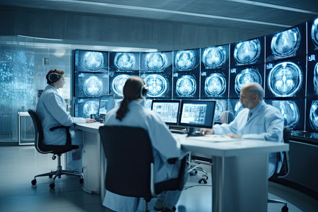 Professional Scientists Work in the  Monitors Showing CT, MRI Scans Having Discussions and Working on Personal Computers ,Generative AI.の素材