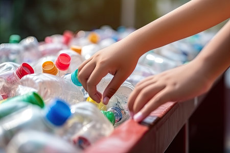 Close up hand  kid separating waste plastic bottles into recycling bins is to protect the environment , copy space for text  ,Generative AIの素材
