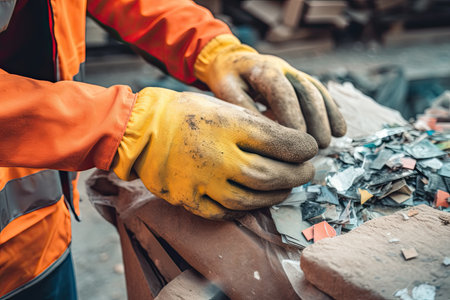 A worker in safety gear sorting through a pile of recyclable materials for environmental sustainability ,Generative AIの素材