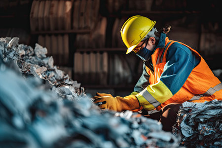 A worker in safety gear sorting through a pile of recyclable materials for environmental sustainability ,Generative AIの素材