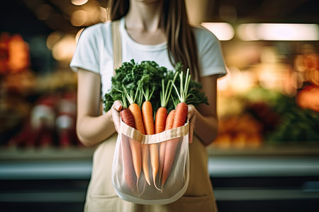 Close up hand young woman hand holding a reusable shopping bag with vegetables in the background at a local farmer market  ,Generative AIの素材
