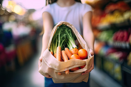 Close up hand young woman hand holding a reusable shopping bag with vegetables in the background at a local farmer market  ,Generative AIの素材