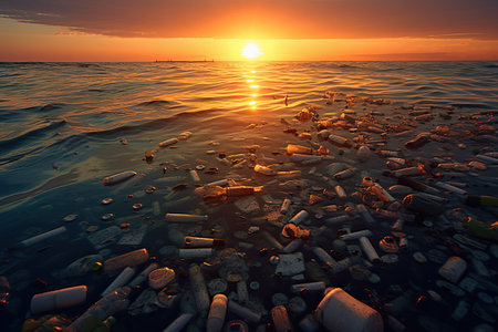 Garbage from plastic bottles in the sea , sunset ,Generative AIの素材