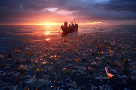 Garbage from plastic bottles in the sea , sunset ,Generative AIの素材