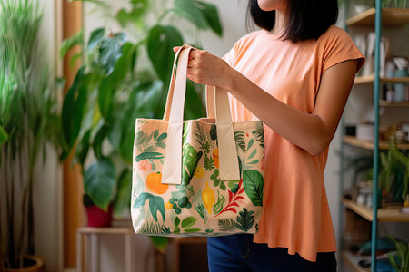 A hands holding reusable fabric shopping bag, eco-friendly lifestyle  ,Generative AIの素材