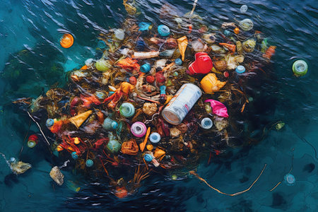 Garbage from plastic bottles in the sea , top view  ,Generative AIの素材