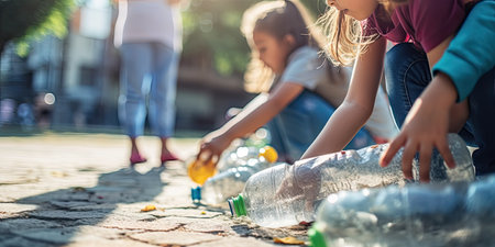 Close up hand kids dropping the bottle Separating waste plastic bottles into recycling bins is to protect the environment ,Generative AIの素材