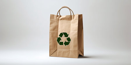 Paper bag with recycling symbol on white background with copy space ,Generative AIの素材