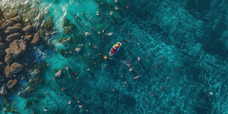 Garbage from plastic bottles in the sea , top view  ,Generative AIの素材