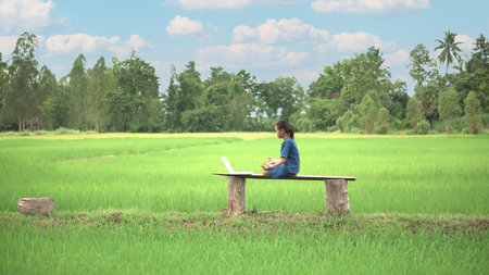 Asian girl live streaming on smartphone or laptop in rice field, countryside of Thailand.の写真素材