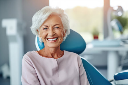 A smiling senior woman in a dental chair. Examination by a dentist.の素材