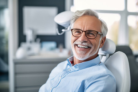 A smiling senior man in a dental chair. Examination by a dentist.の素材